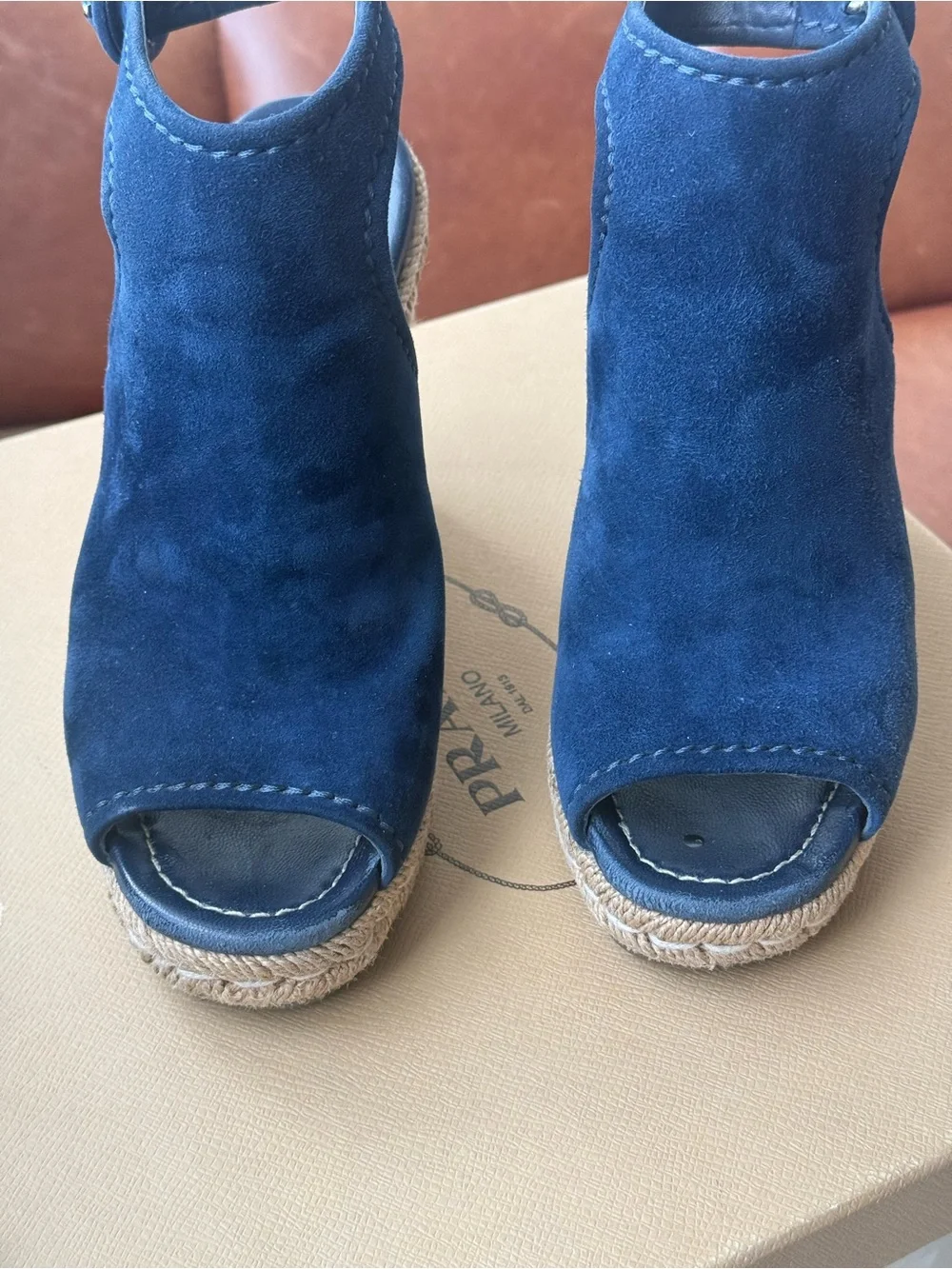 Prada Navy Suede Open-Toe Wedge Espadrilles